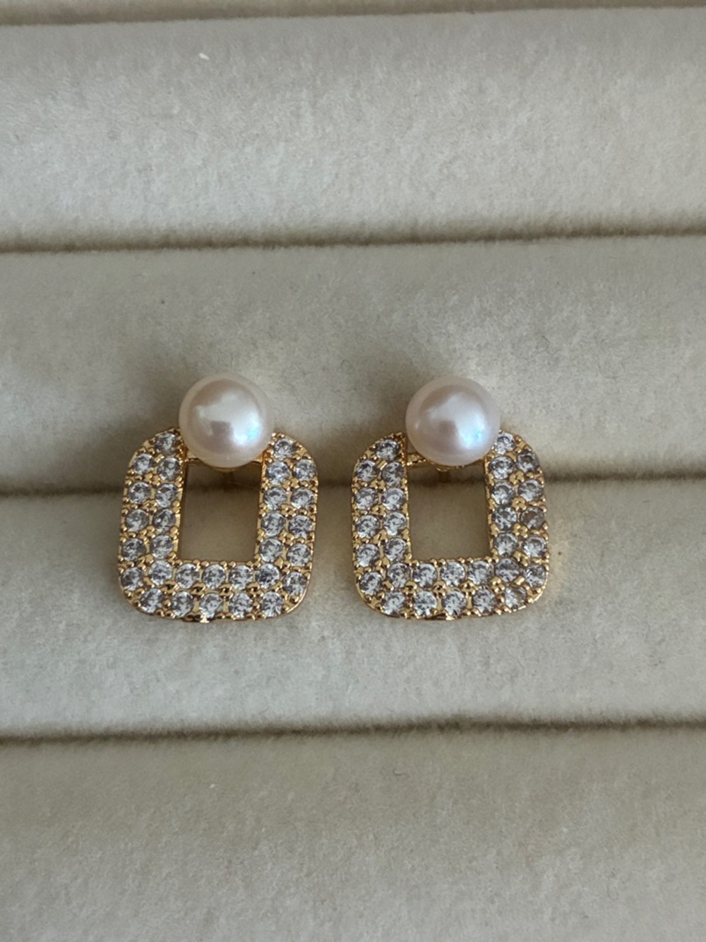 Pearl and Pave Gold Square Drop Earrings